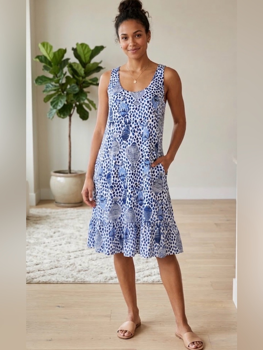 Lilly Pulitzer Blue and White Sleeveless Printed Ruffle-Hem Dress